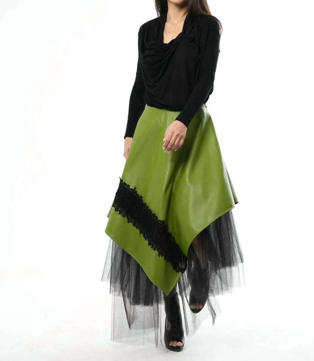NEW METAMORPHOZA vegan leather tulle skirt in olive green